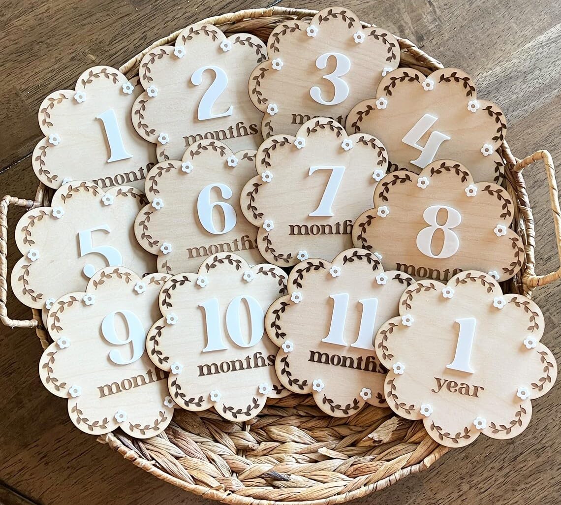 Set of 2 Wooden Interchangeable Baby Monthly Milestone Markers | Floral Photo Prop for Baby Growth | 5 Inch Milestone Discs with Acrylic Numbers | Month, Months & Year Signs | Newborn Gift